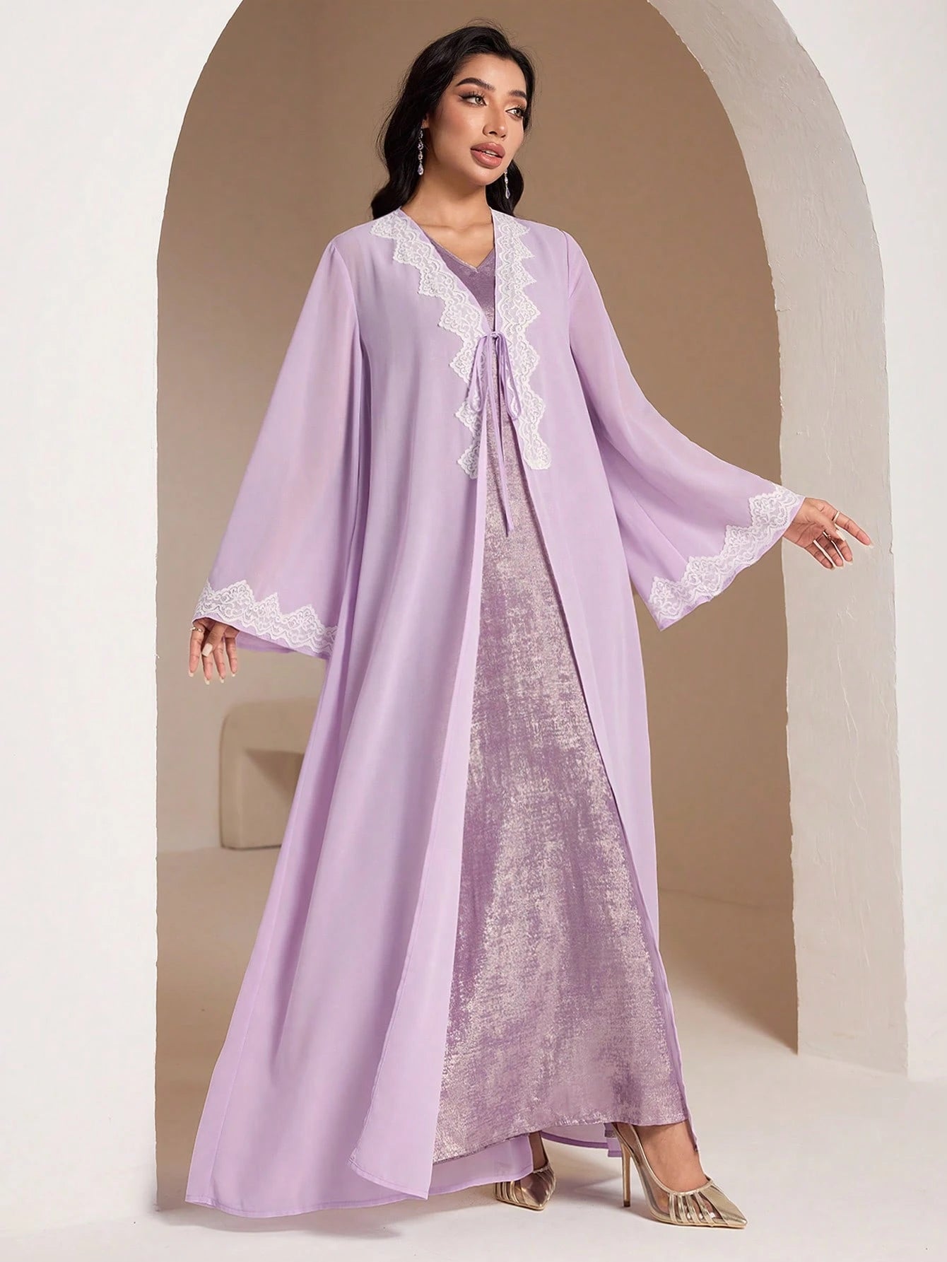 Women's Lace Patchwork Twist Long Sleeve Jacket and Sleeveless Dress
