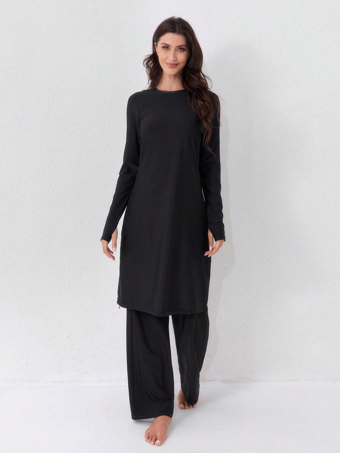 High Elasticity Black Burkini Set Women Casual Turtleneck Long