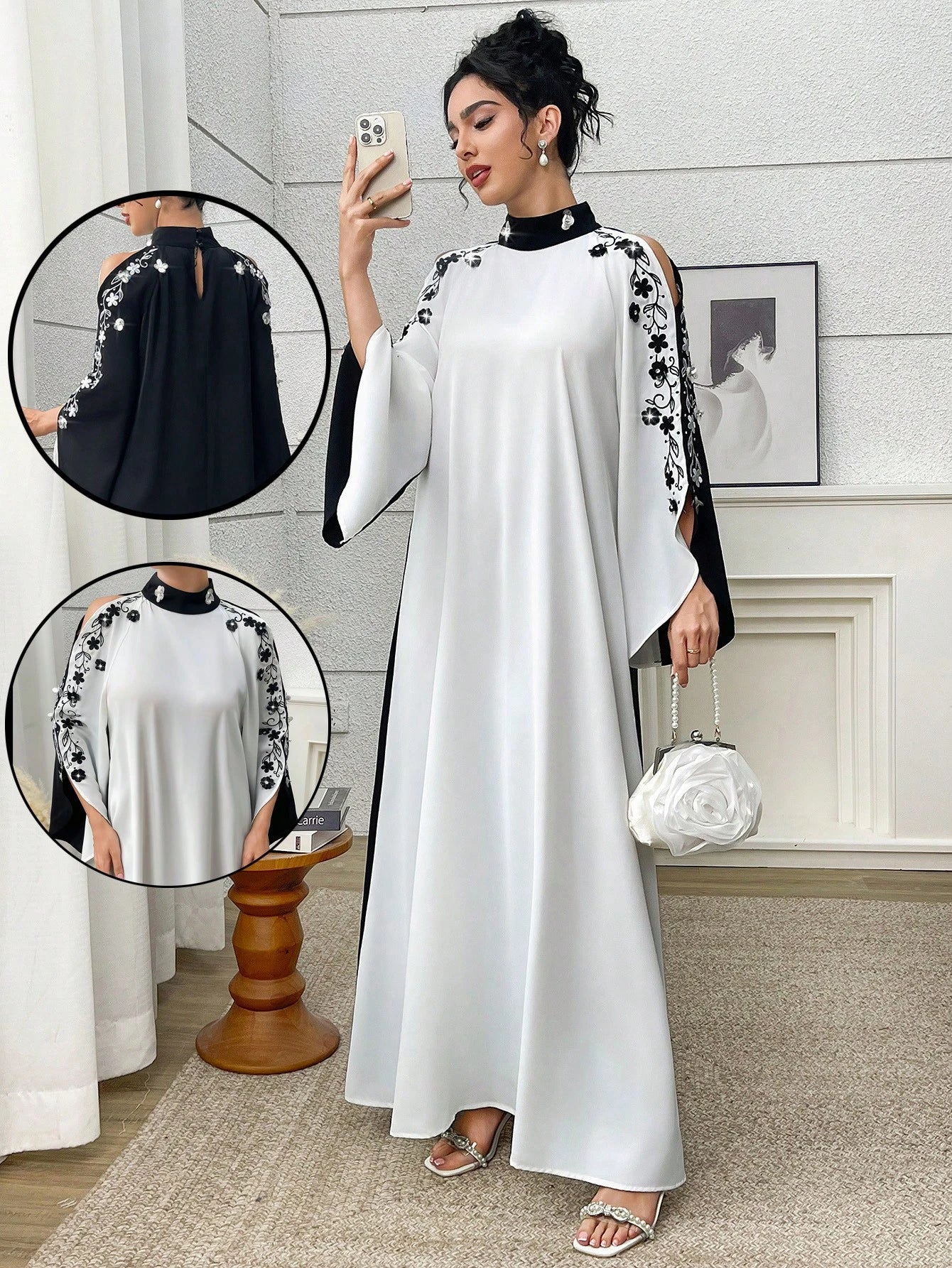 Women's Loose Fitting Stand Collar Off-shoulder Floral Decorated