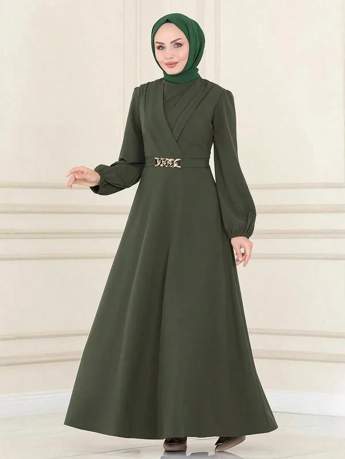 Elegant Women's Round Neck Solid Color Waist Cinched Maxi Dress