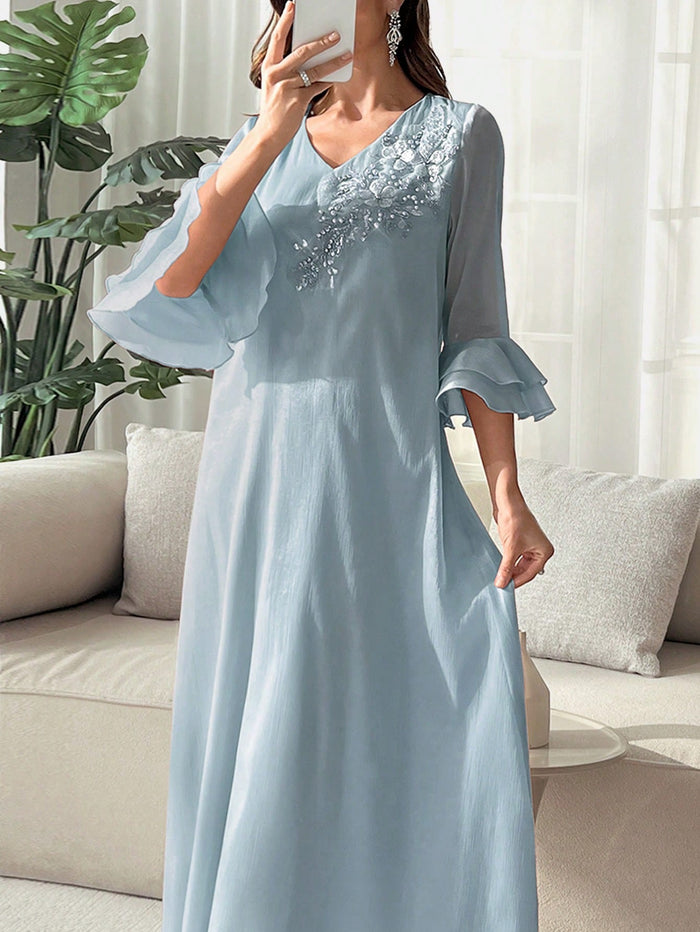 Women's V-neck Beaded Chest Flower Layered Ruffle Sleeve Arabic Style