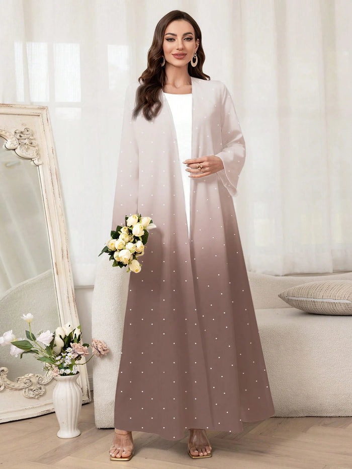 Women Ombre Polka Dot Print Long Sleeve Arabic Abaya Cover-up Jacket