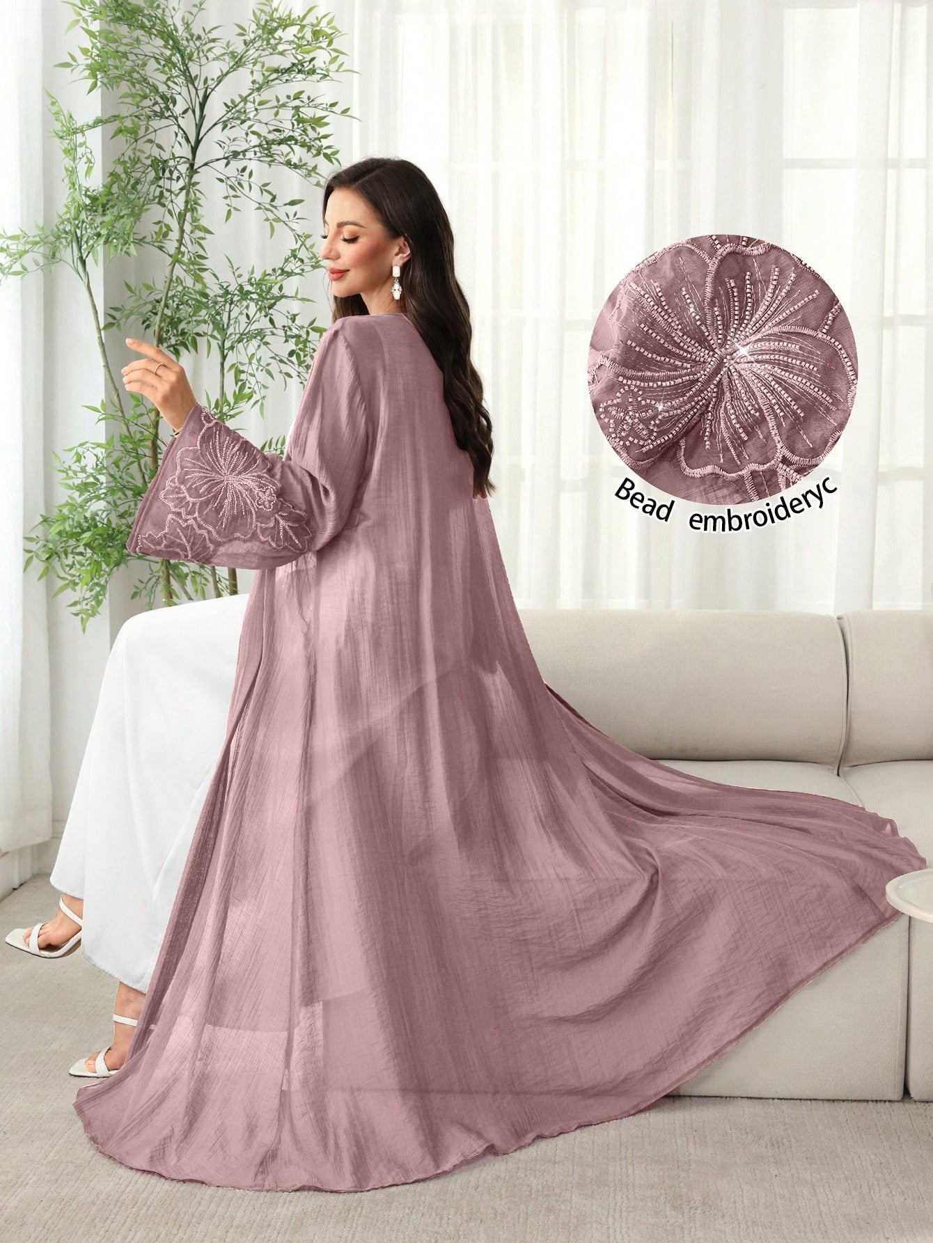 Arabic Style Floral Embroidery Open Front Abaya Robe with Beaded Cuffs