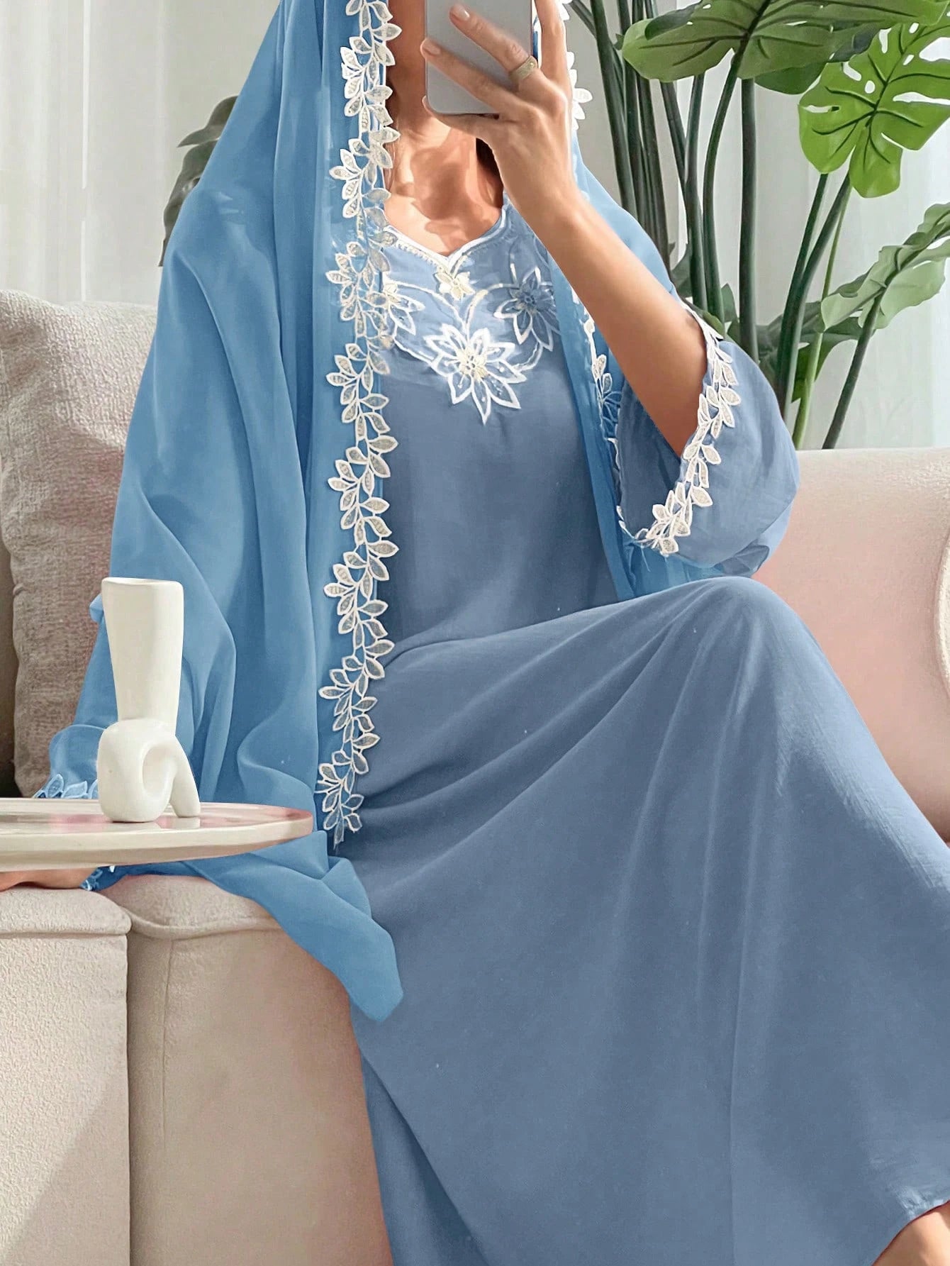 Round Neck Leaf Embroidered Ruffle Trim Dress with Headscarf