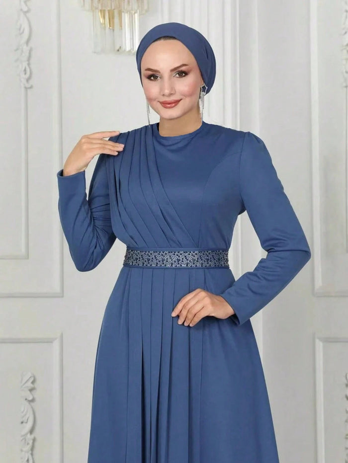 Women's Navy Blue Pleated Dress with Belt