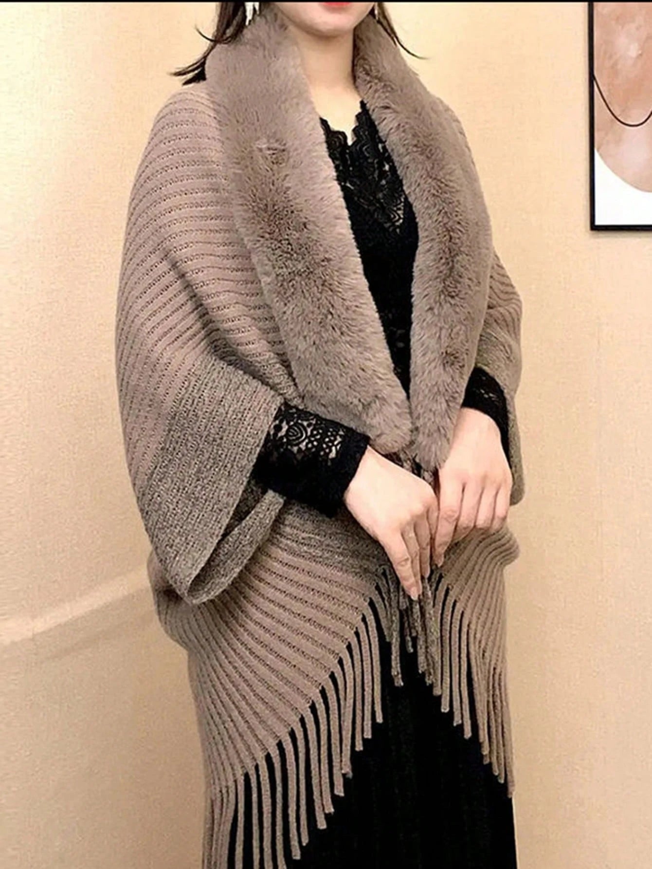 Women's Faux Fur Collar Poncho Shawl Kimonos