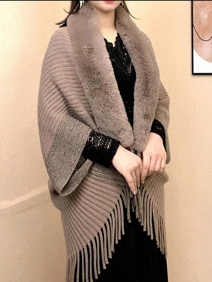 Women's Faux Fur Collar Poncho Shawl Kimonos