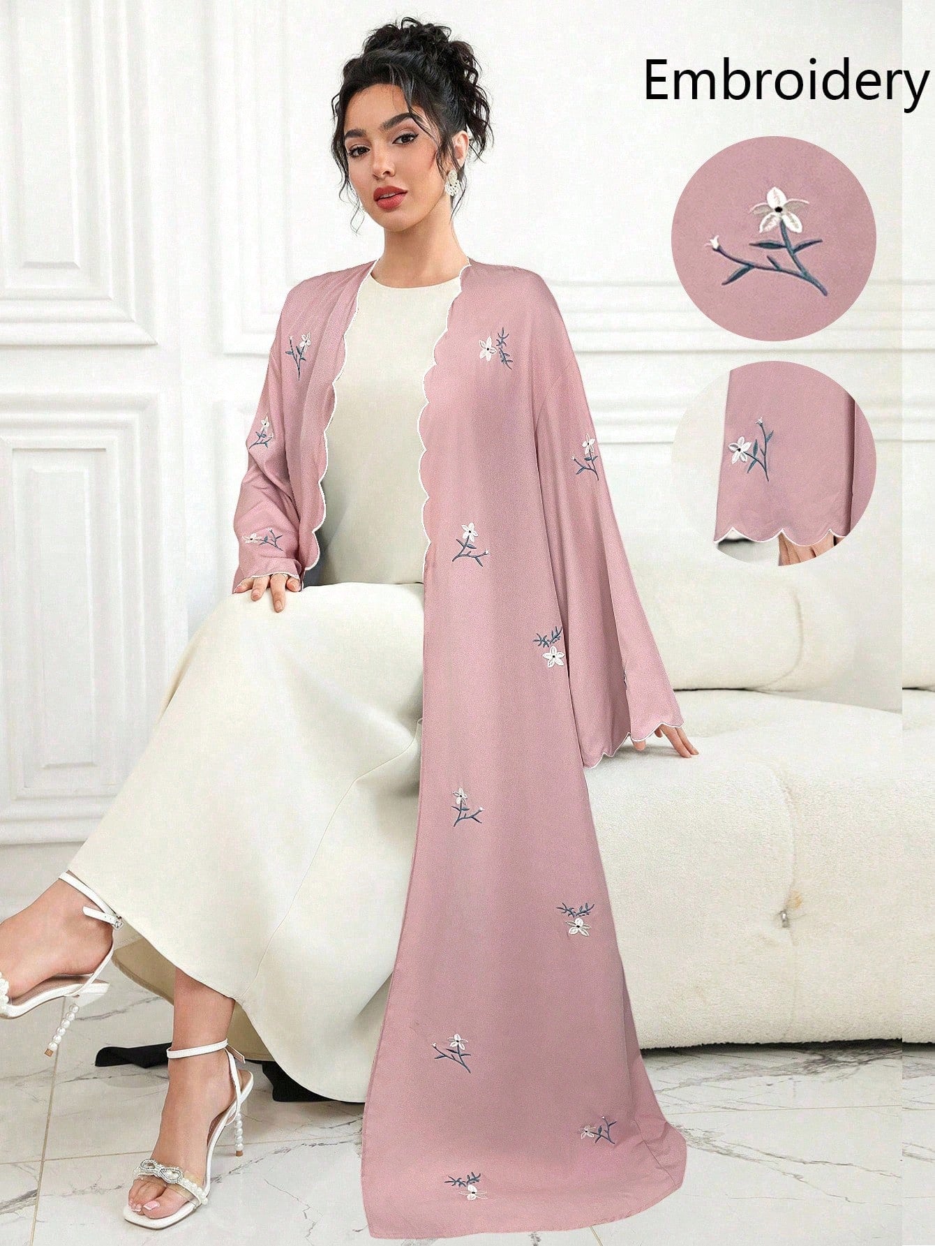 Contrast Trim Ditsy Floral Embroidered Tie-up Kimono Abaya