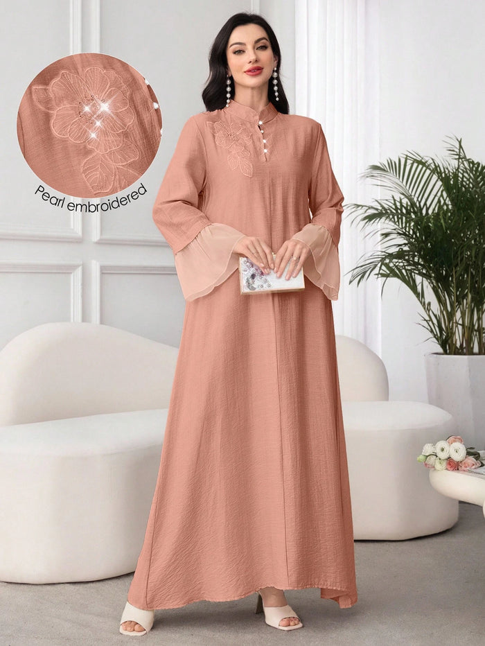 Women's Stand Collar Long Sleeve Dress with Applique and Mesh Splice