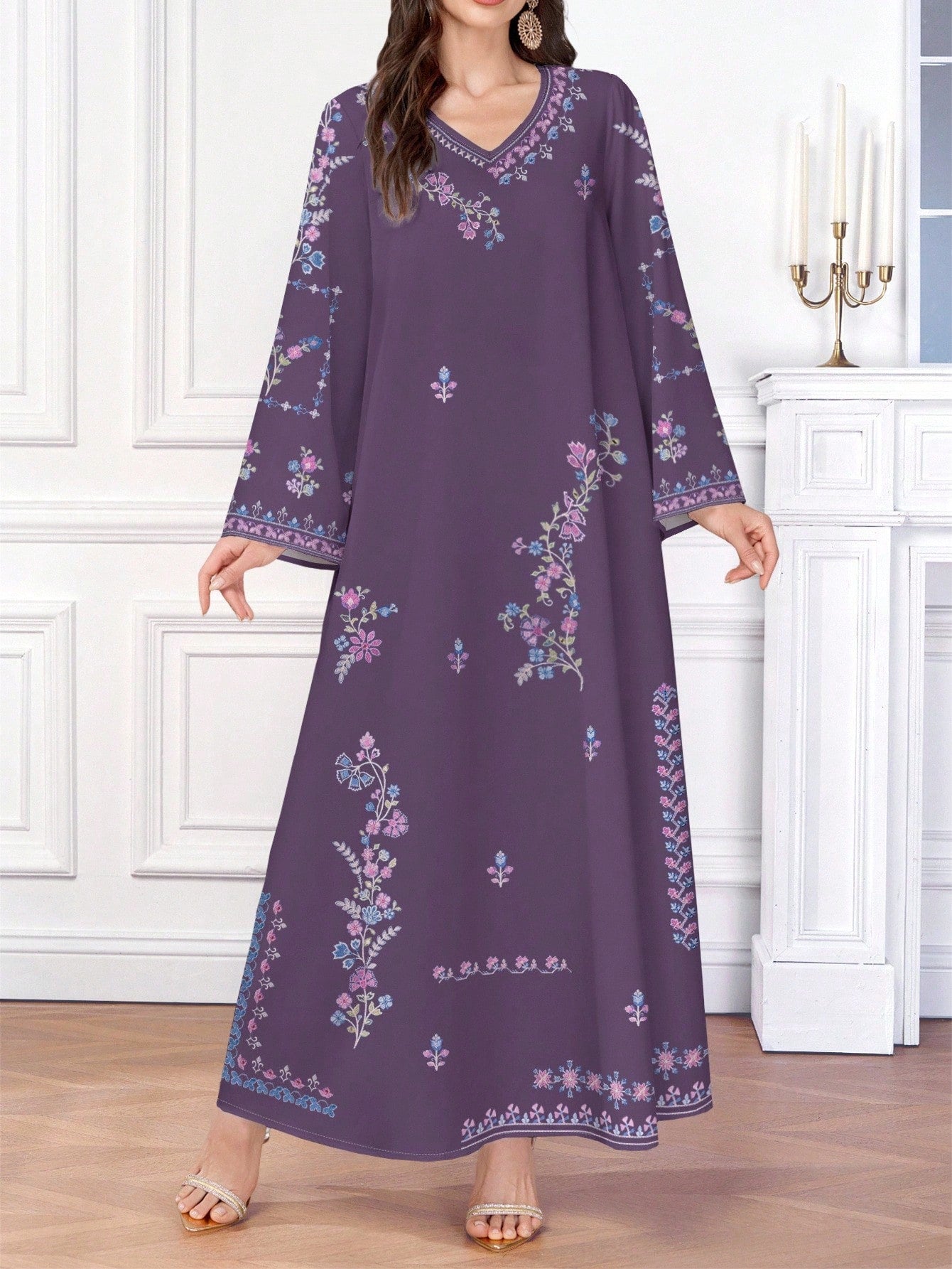Vintage Elegant Floral Print Casual Women's Arabic Style V-neck Dress