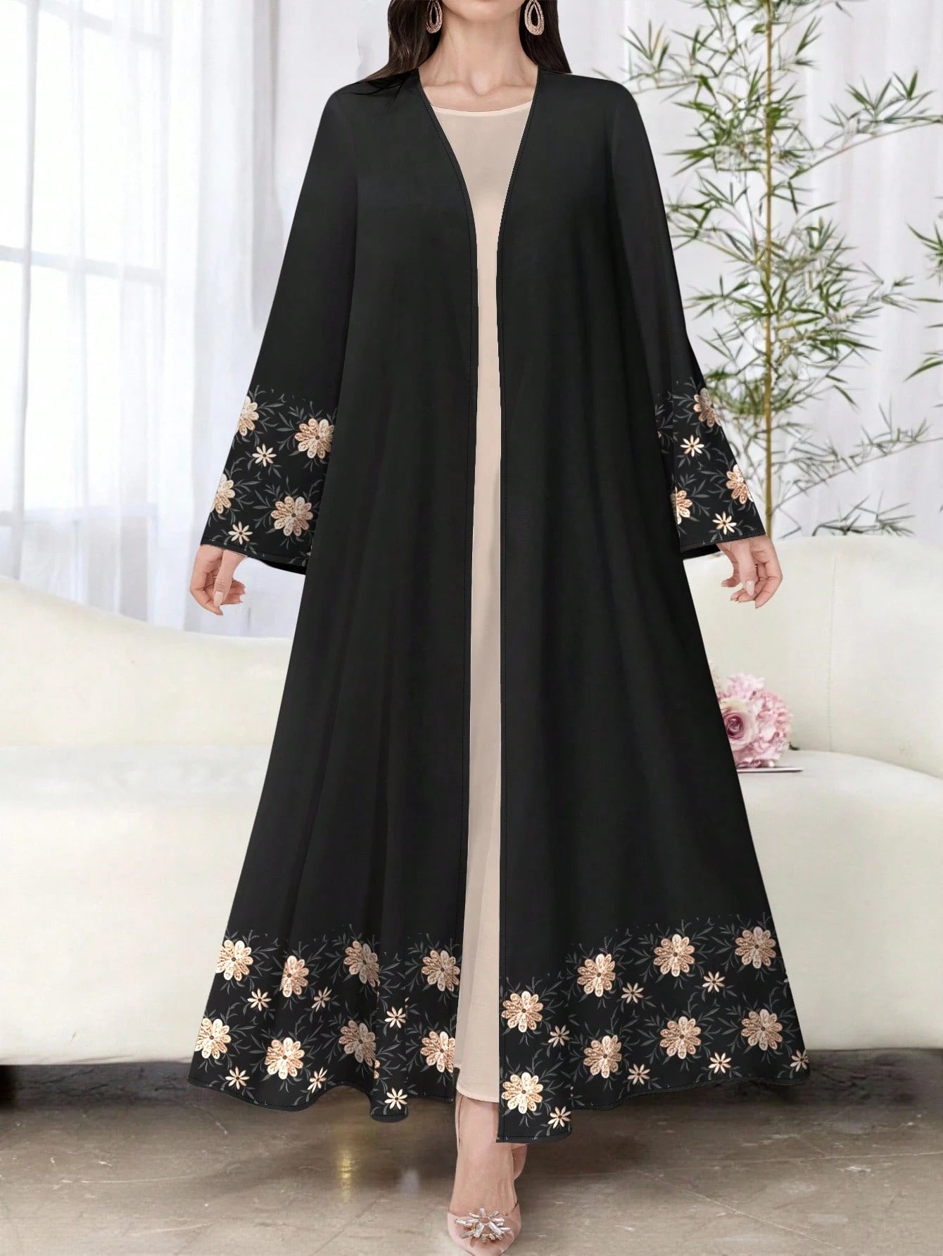 Women's White Faux Embroidery Floral Print Long Sleeve Casual Arabic