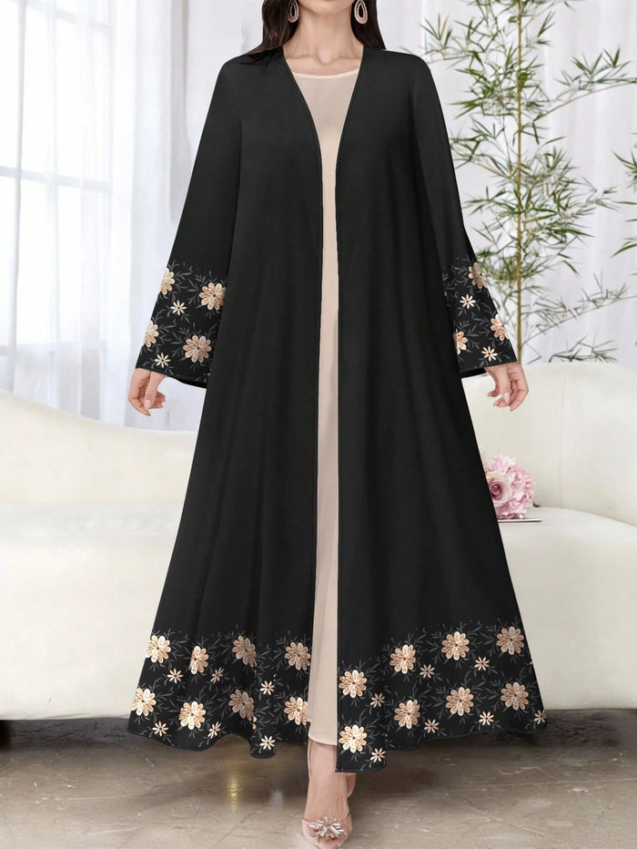 Women's White Faux Embroidery Floral Print Long Sleeve Casual Arabic