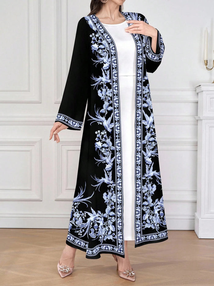 Women's Comfortable Black & Blue Floral Long Robe