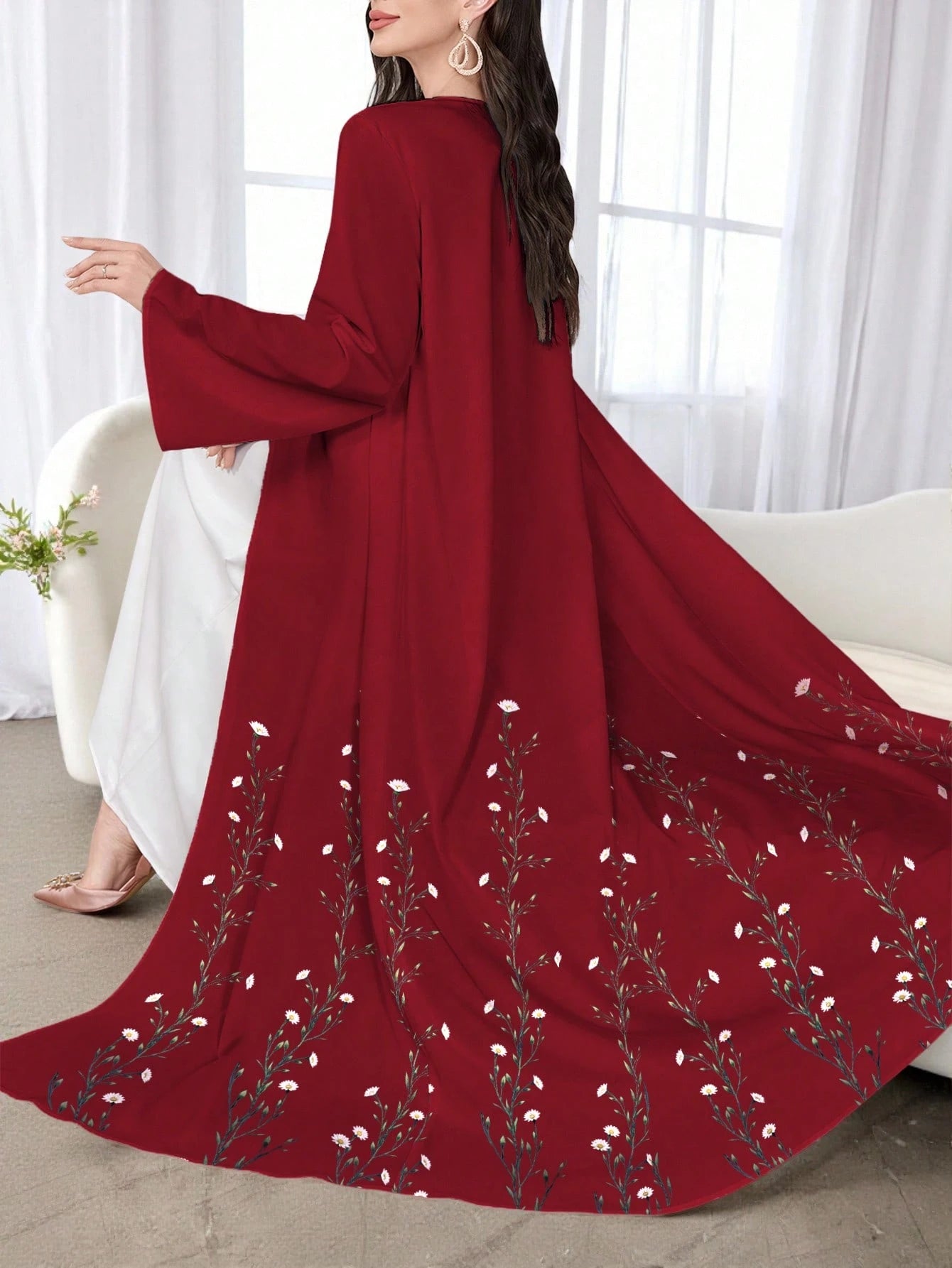Women's Floral Print Red Long Sleeve Casual Arabic Abaya Robe