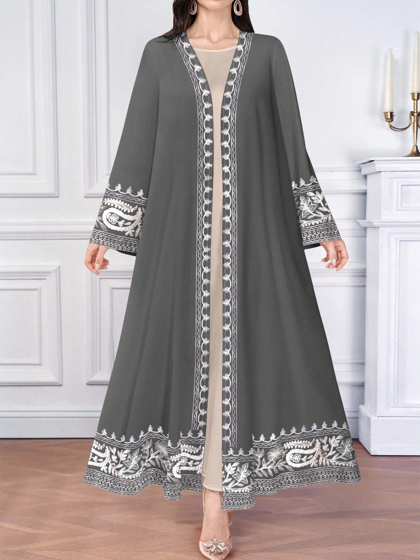 Floral Print Open Front Abaya