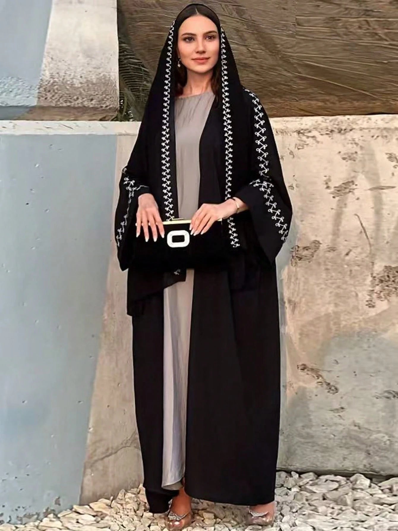 Elegant Embroidered Cuff Simple & Dignified Hijab + Open Abaya