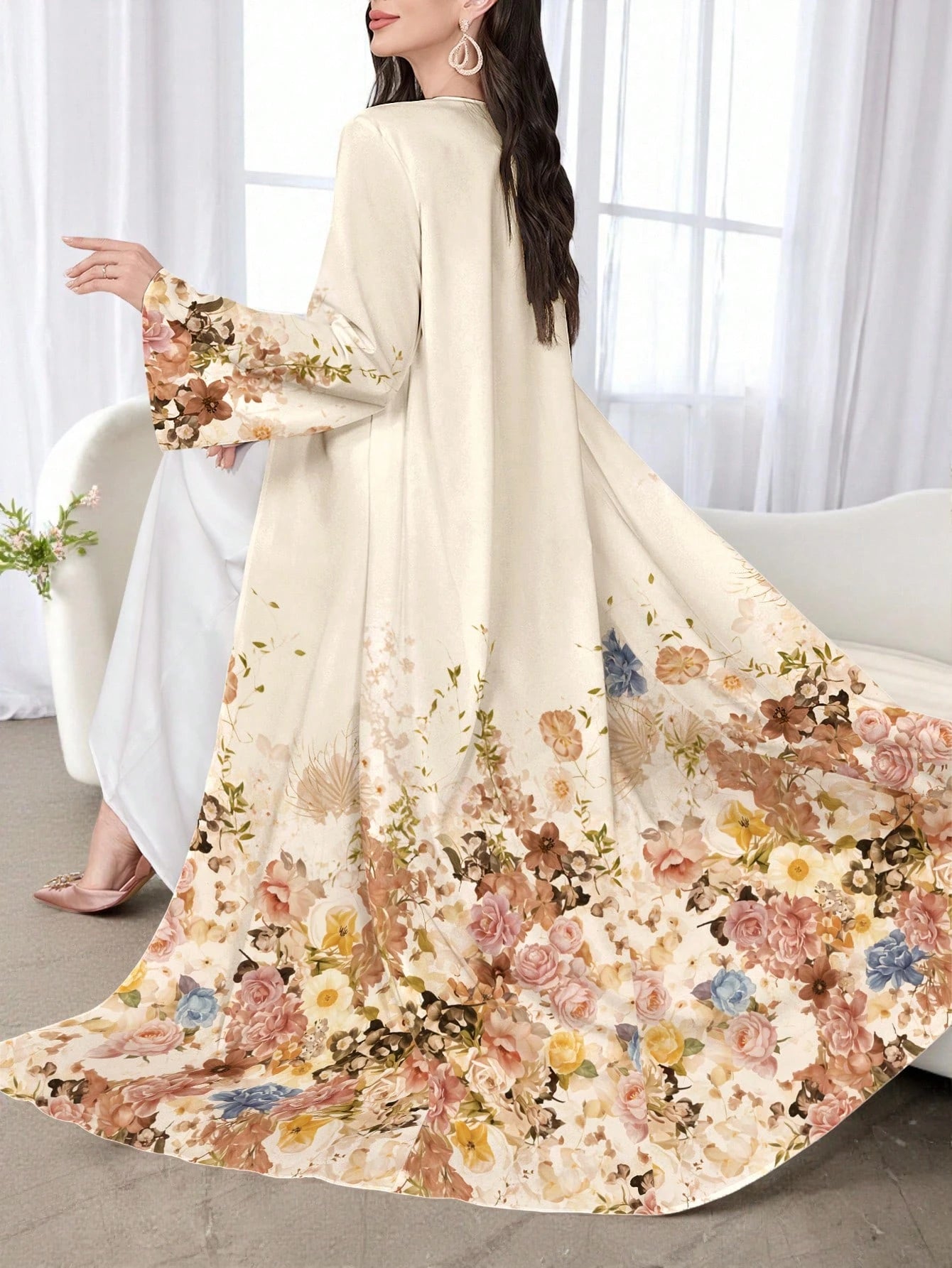 Women's Fashion Long Sleeve Casual Floral Print Arabic Abaya