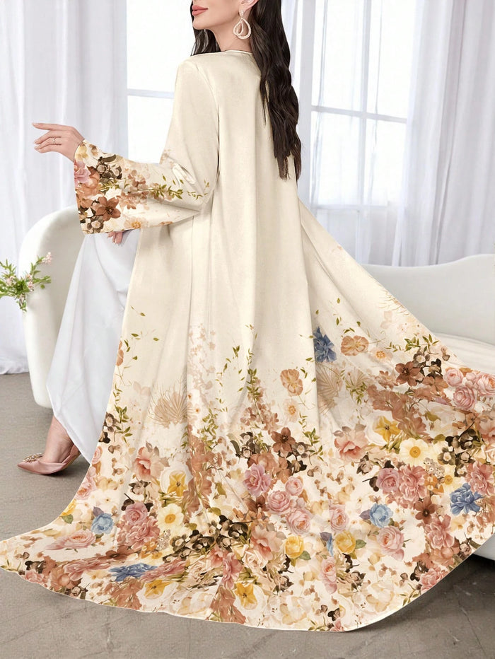 Women's Fashion Long Sleeve Casual Floral Print Arabic Abaya