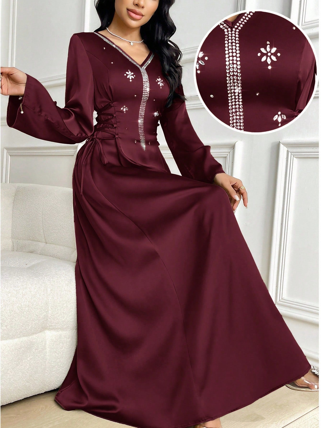 Women's Elegant Long Sleeve Arabic Style Dress with Rhinestone