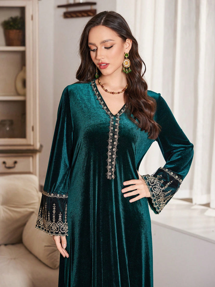 Elegant Loose Fit Velvet Dress with Gold Embroidery Applique