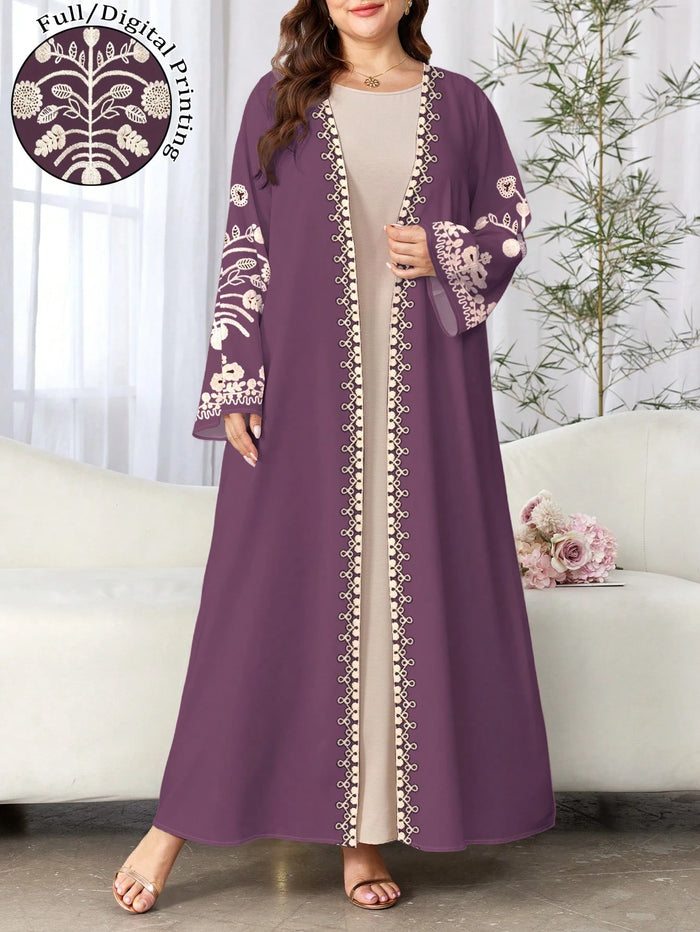 Plus Size Women's Floral Print Long Sleeve Casual Arabic Abaya