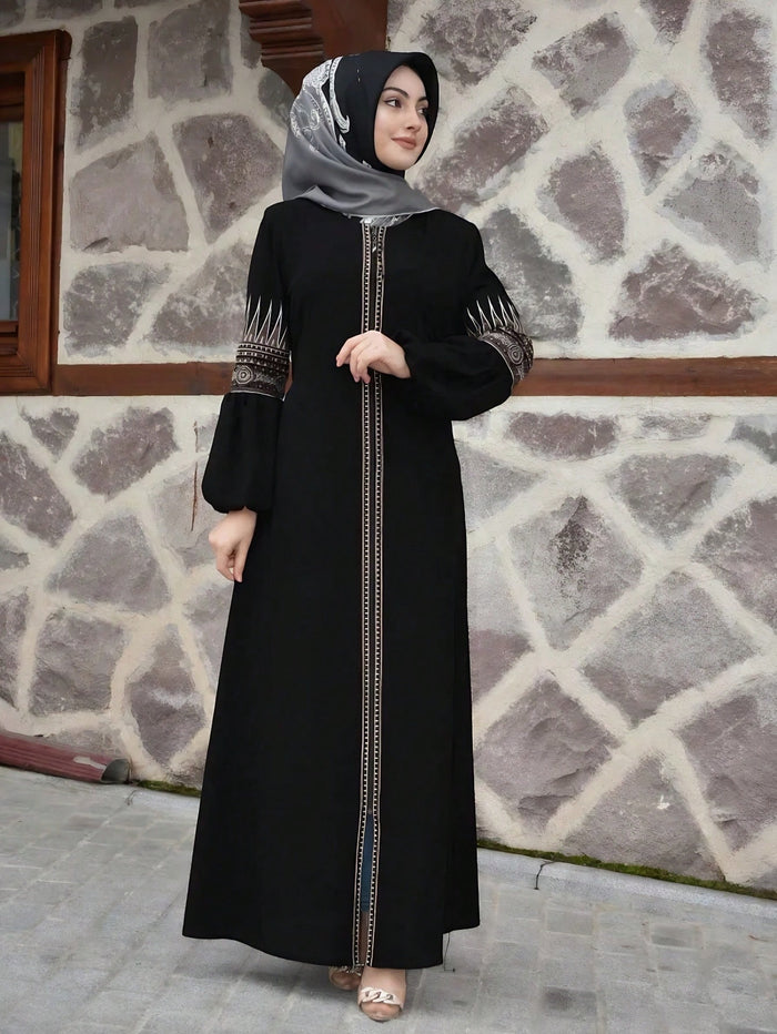 Modest Black Embroidery Detail Puff Sleeve Abaya