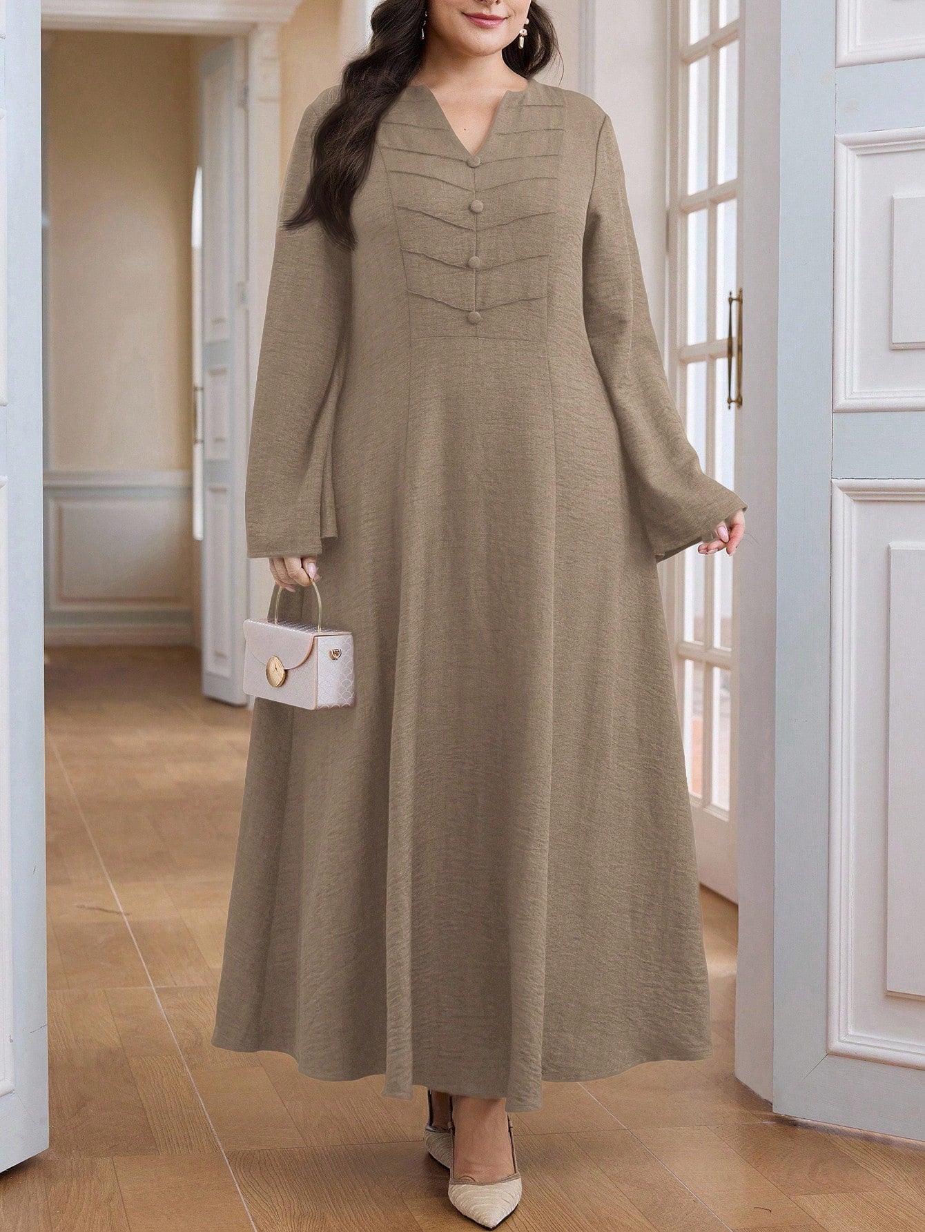 Plus Size Women's Solid Color V-neck Button Design Long Sleeve Casual