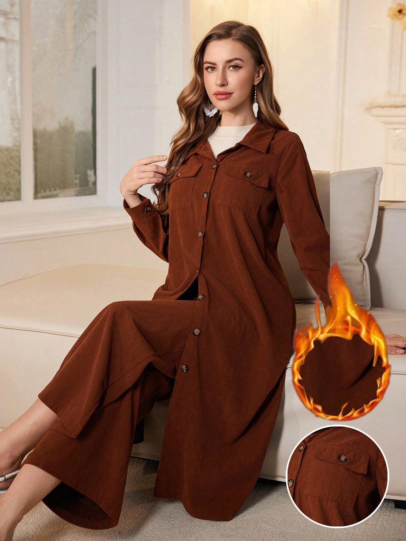 Coffee Brown Loose Casual Traditional Long Sleeve Autumn/winter