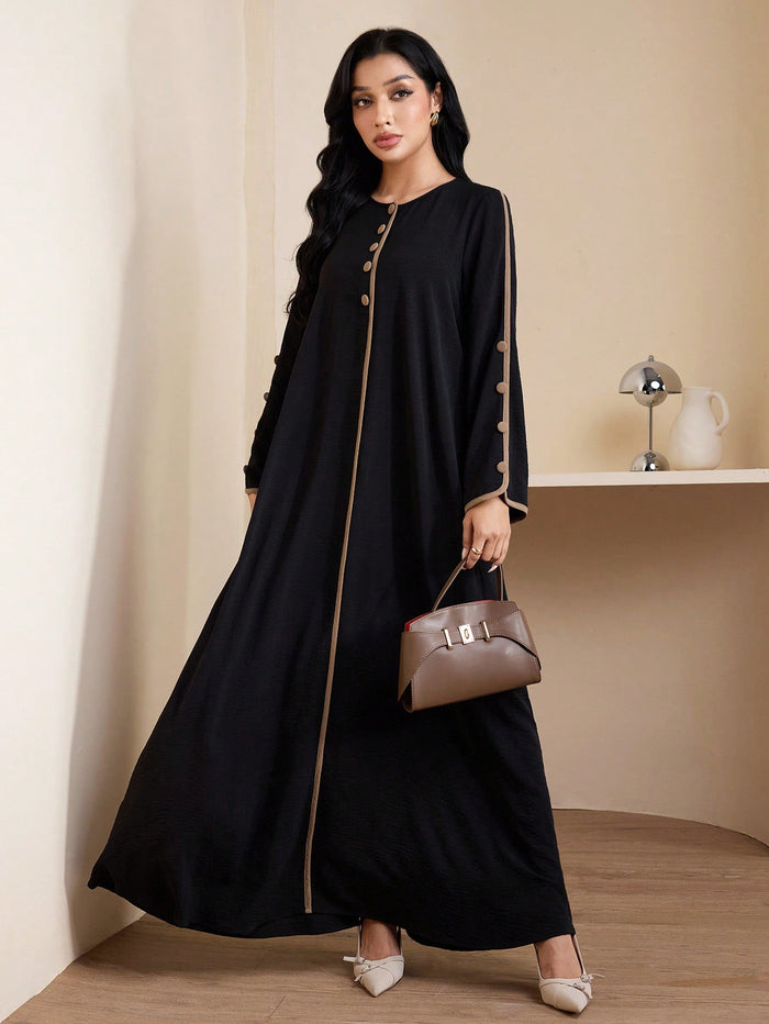 Arabic-Style Button-Front Long Sleeve Dress - Multicolor