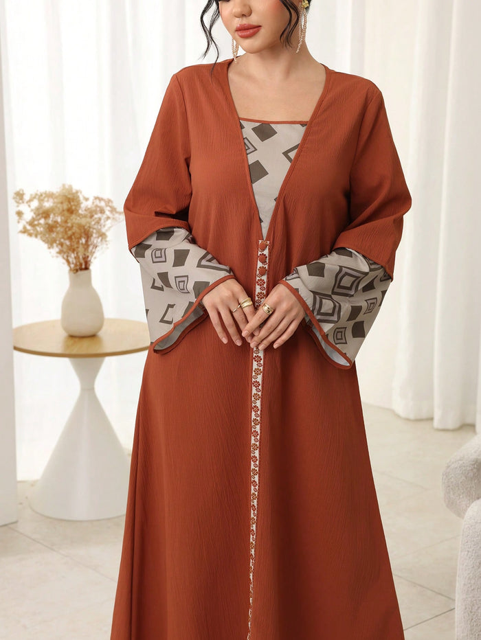 Women's Color Block Geometric Print Arabic Style Dress Rust Brown