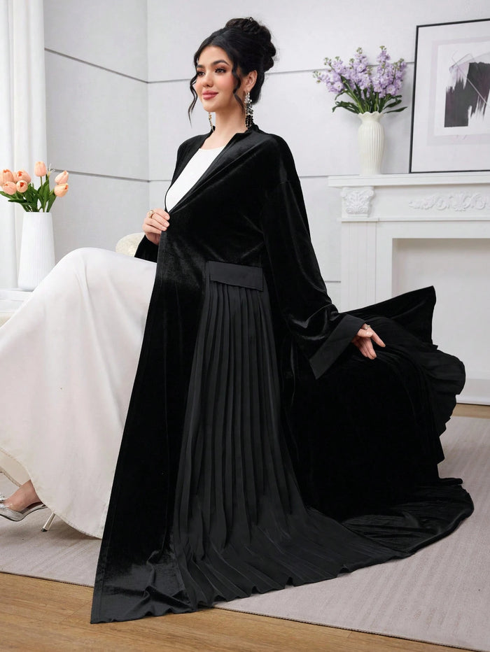 Autumn/winter Fashionable Elegant Black Velvet Patchwork Pleated