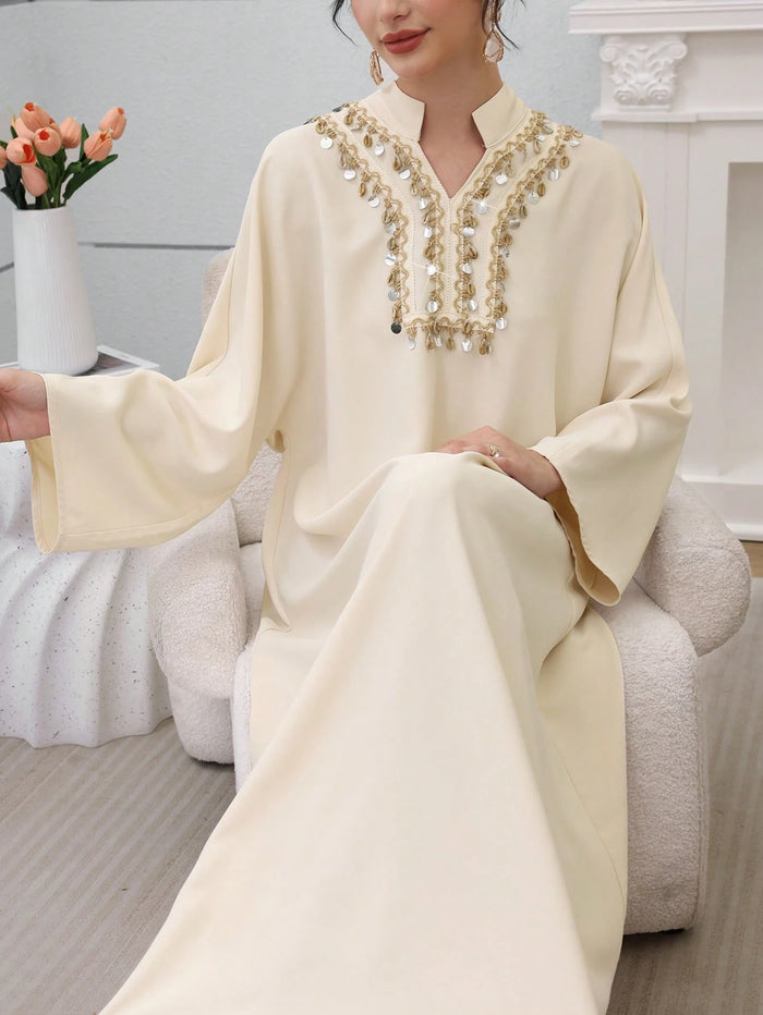 Women's Beige Beaded Trim Maxi Skirt
