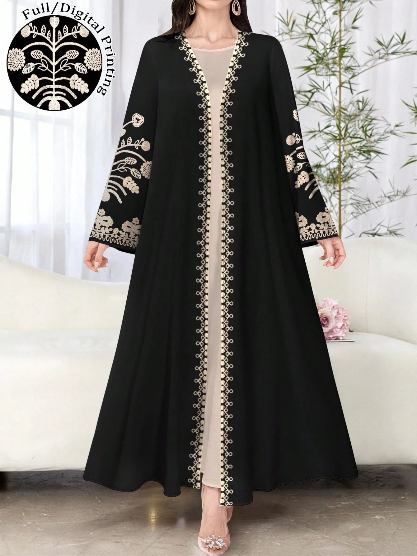 Women's Floral Print Long Sleeve Casual Arabic Abaya Robe
