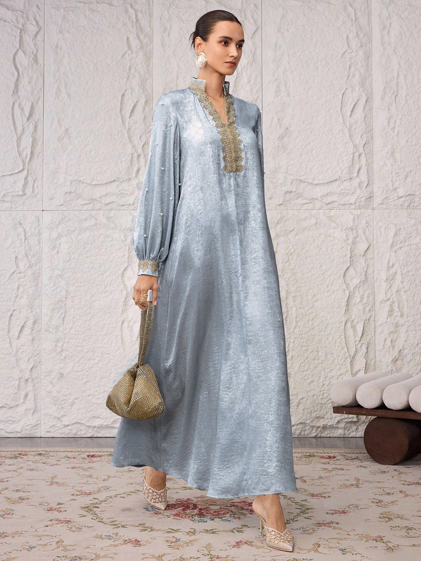 Women's Elegant Party Beaded Decor Arabic Style Dress Maxi Long