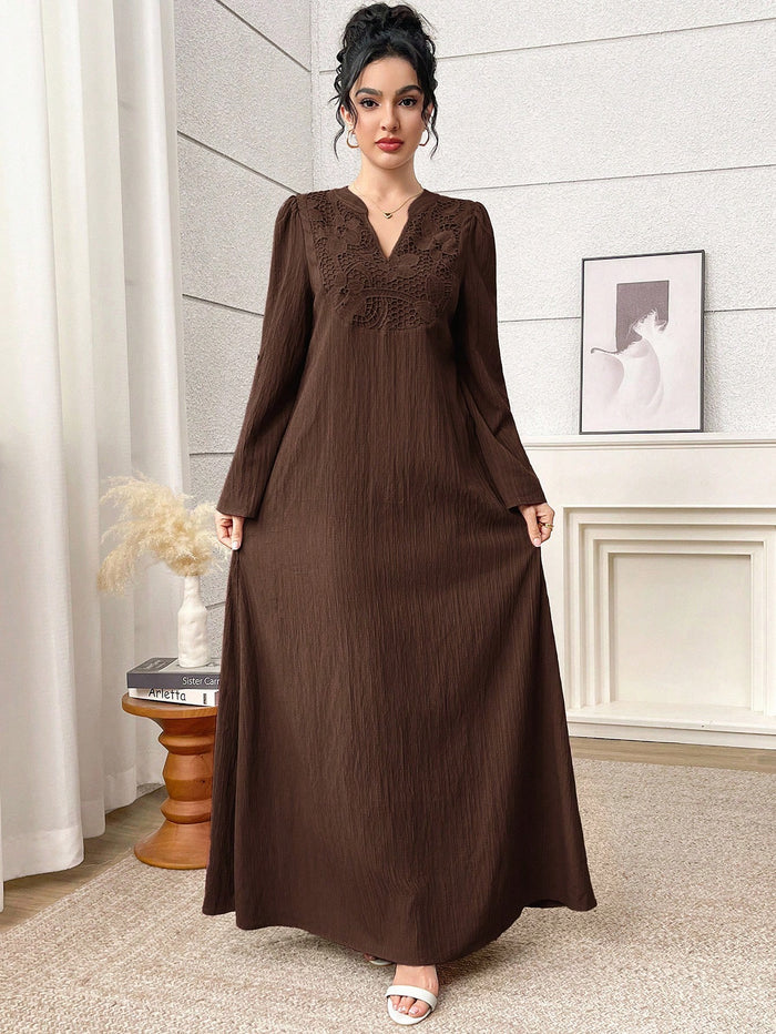 Women's Elegant Solid Color Lace Splice Cutout Neck Arabic Style Dress