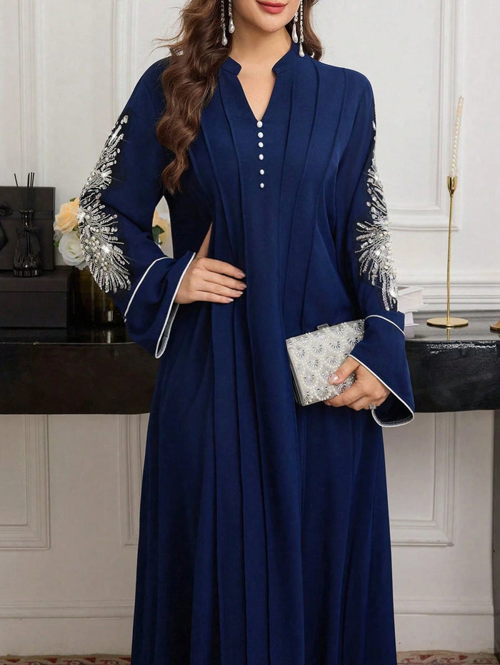 Elegant Party Sequin & Beaded Decor Notched Neck Dress