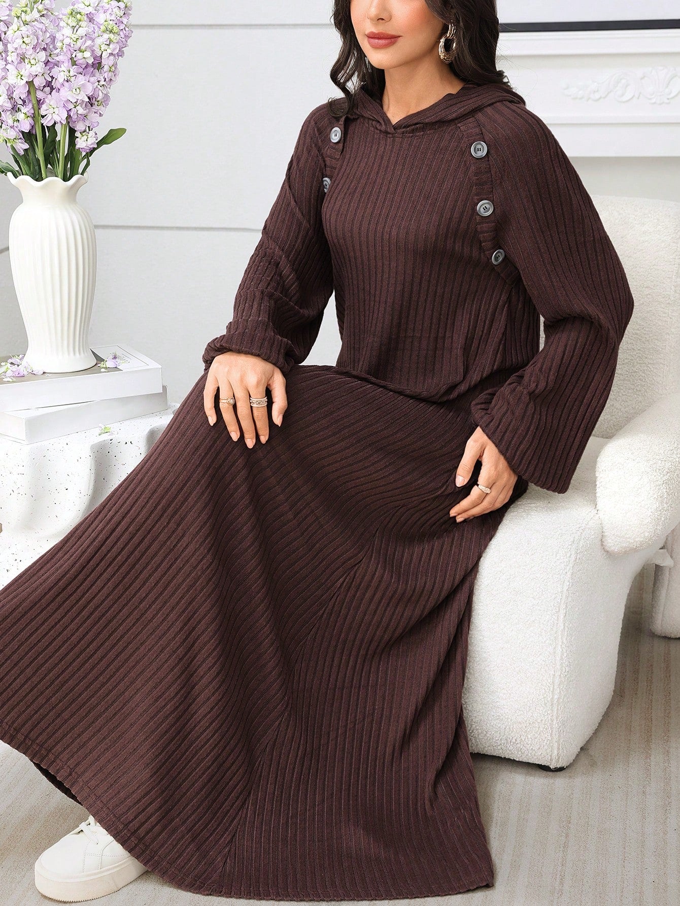 Women's Long Sleeve Button Decorated Knit Fabric Flared Hem Arabic
