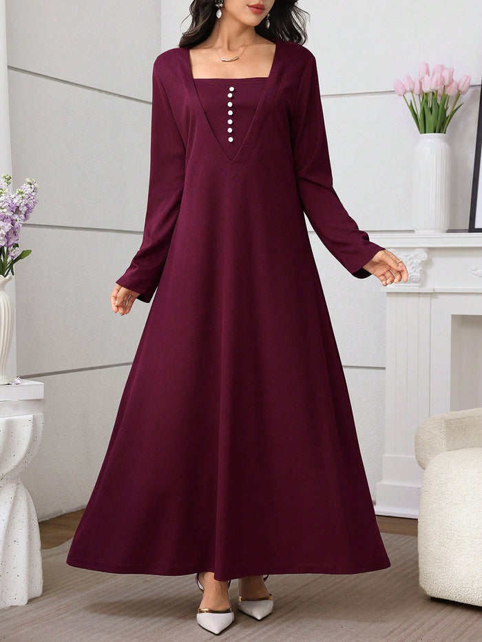 Square Neck Button Decor Long Sleeve Knit Dress for Women