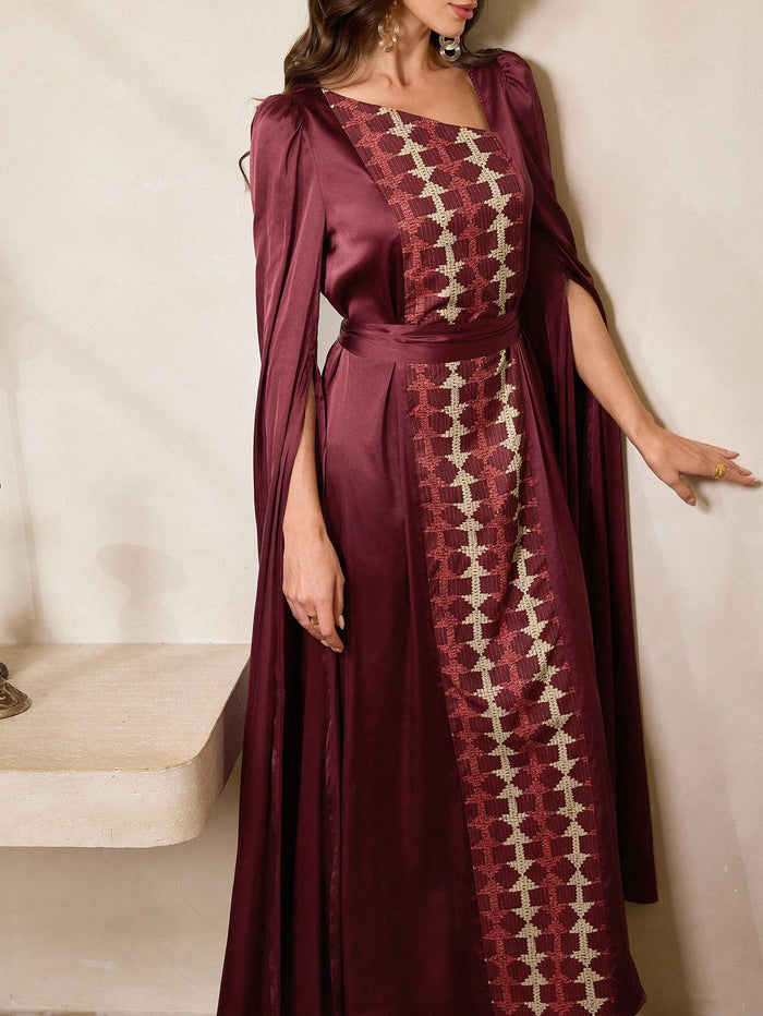 Women's Elegant Pleated Long Sleeve Embroidered Dress