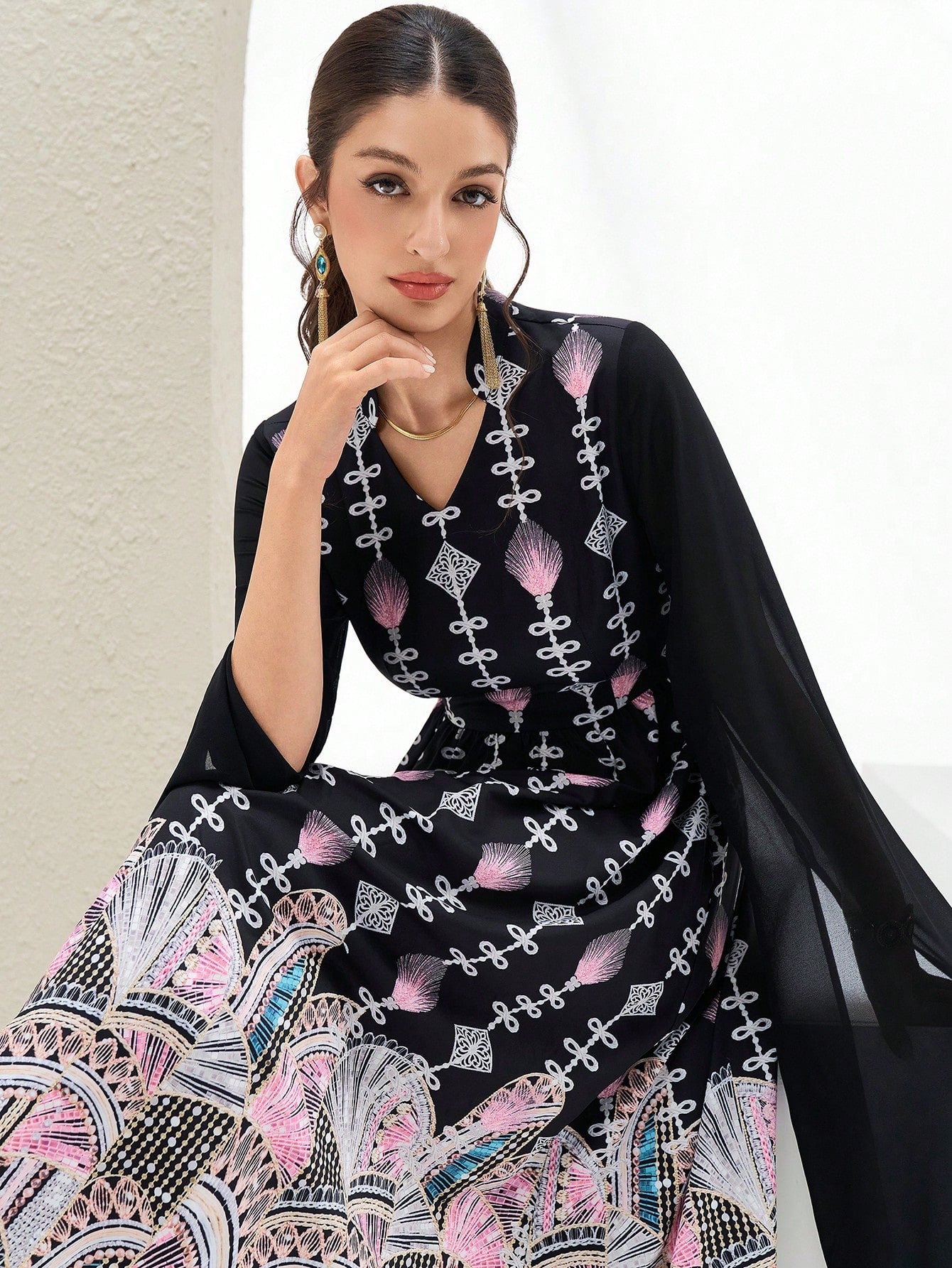New Design Lantern Sleeve Cinched Waist High-end Floral Print Elegant
