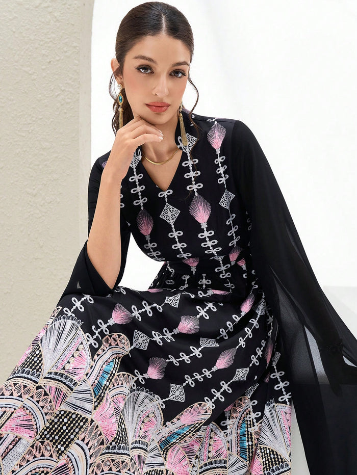 New Design Lantern Sleeve Cinched Waist High-end Floral Print Elegant