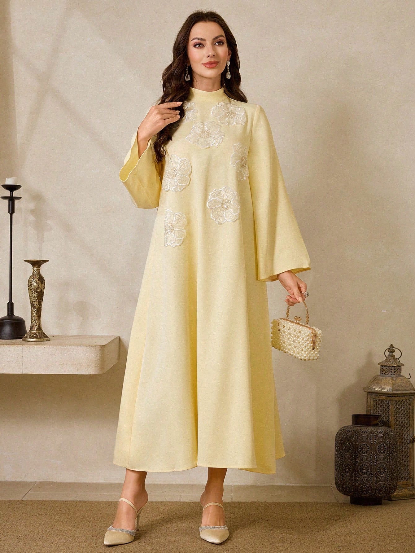 Women's Stand Collar Raglan Flare Sleeve Loose Floral Decor Arabic