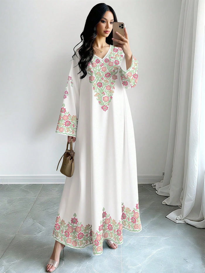 Women's Floral & Leaf Print V-neck Long Sleeve Elegant Dress