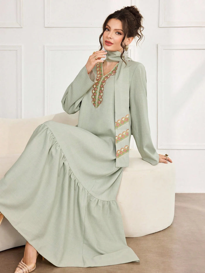 Women's Elegant Lace Embroidered V-neck Ruffled Hem Long Abaya Dress