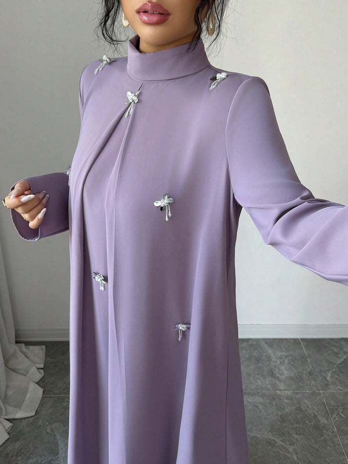 Women S High Neck Long Sleeve Pleated Elegant Arabic Dress