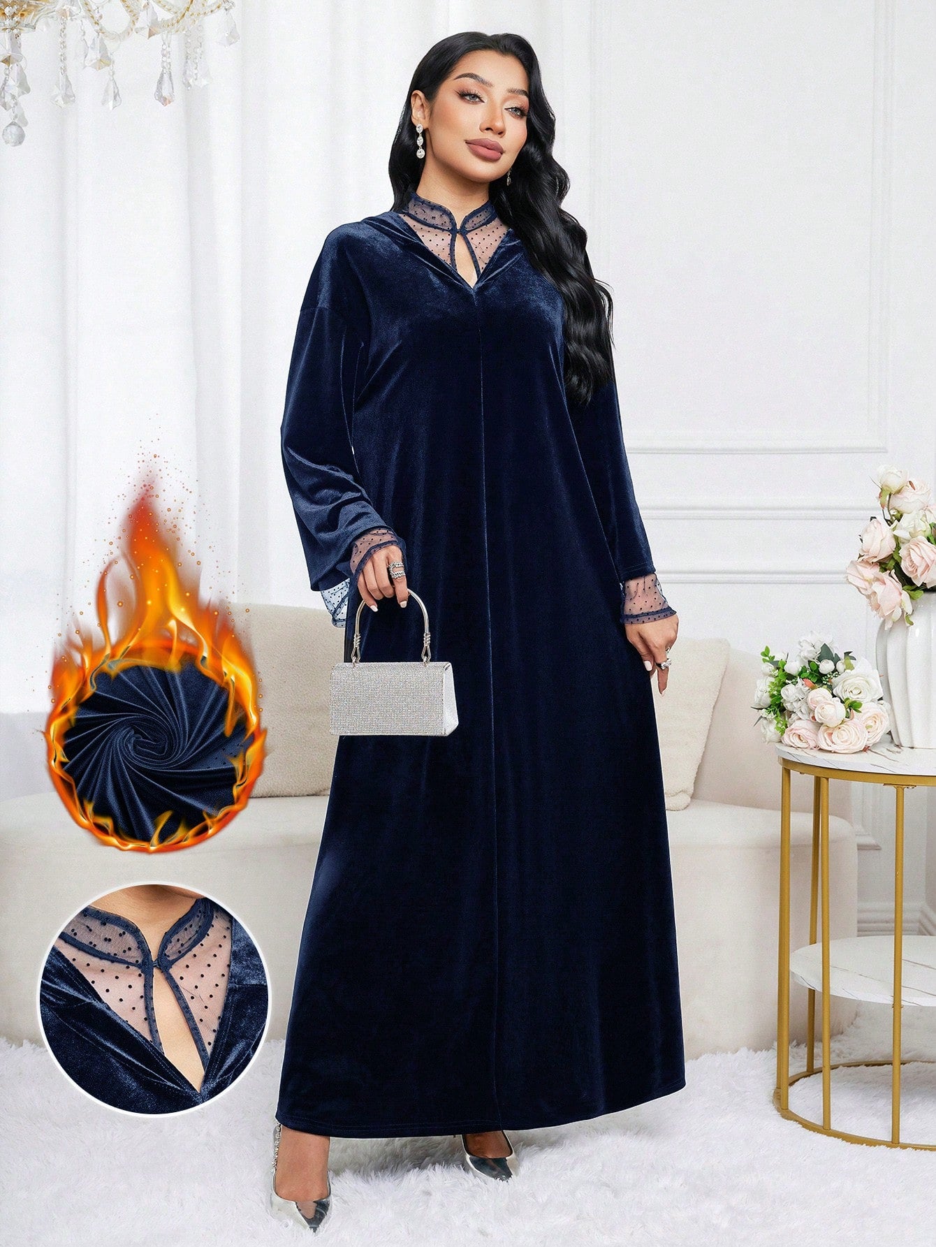 Women's Polka Dot Mesh Patchwork Long Sleeve Hooded Arabic Dress