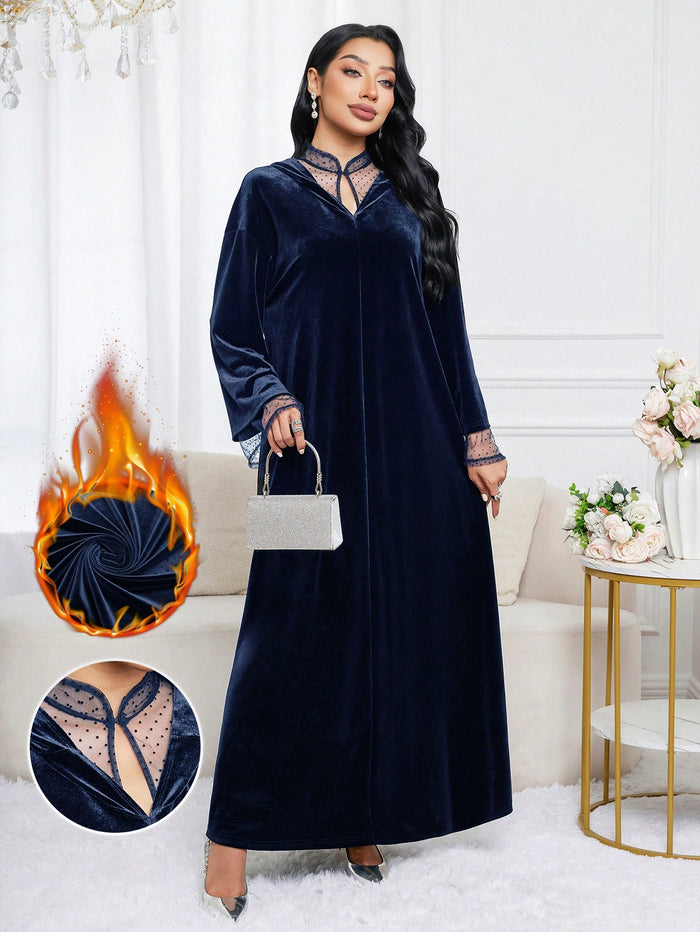 Women's Polka Dot Mesh Patchwork Long Sleeve Hooded Arabic Dress