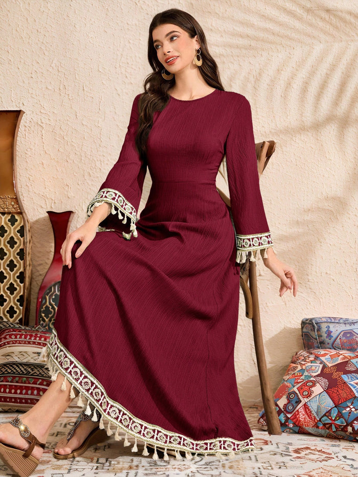Women's Lace Patchwork Fringe Decor Elegant Dress Arabic Dress for