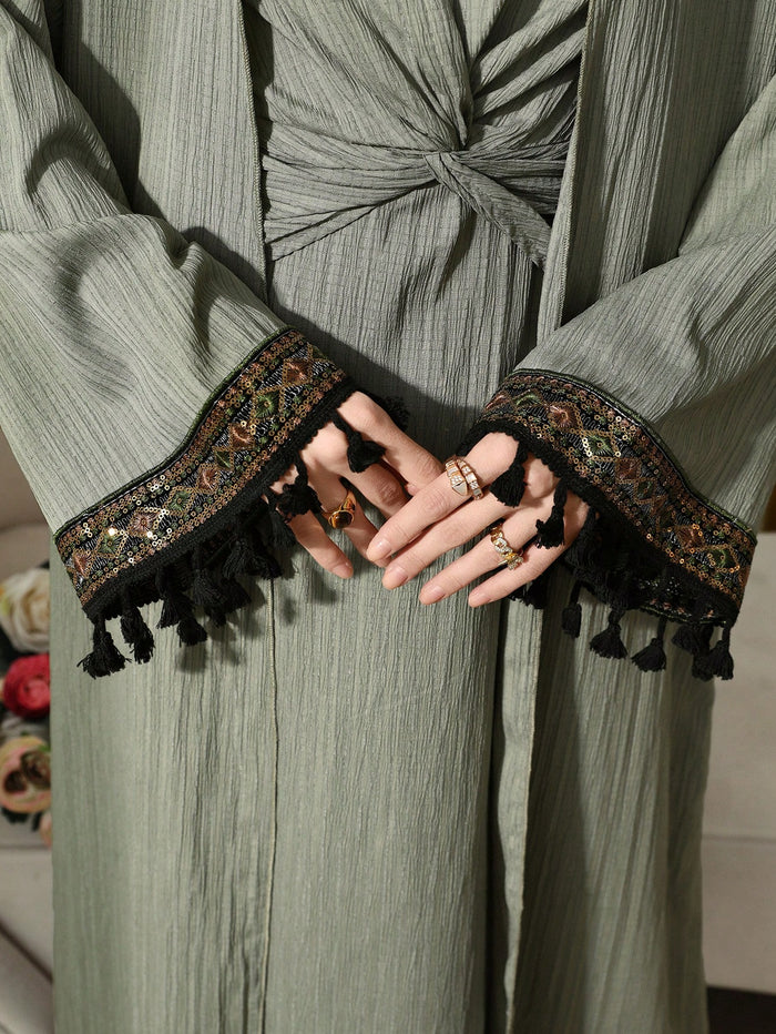 Women's Solid Color Arabic Style Waist Twist Maxi Dress Set