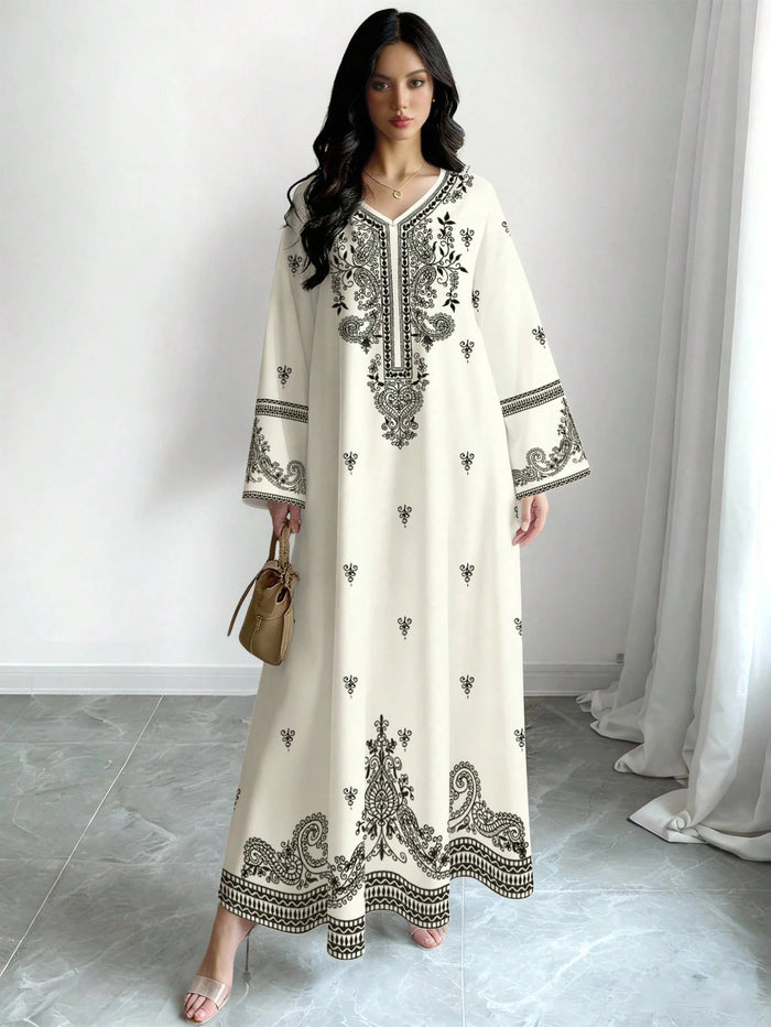 Women's Cashew Flower & Vine Digital Print V-neck Long Sleeve Elegant